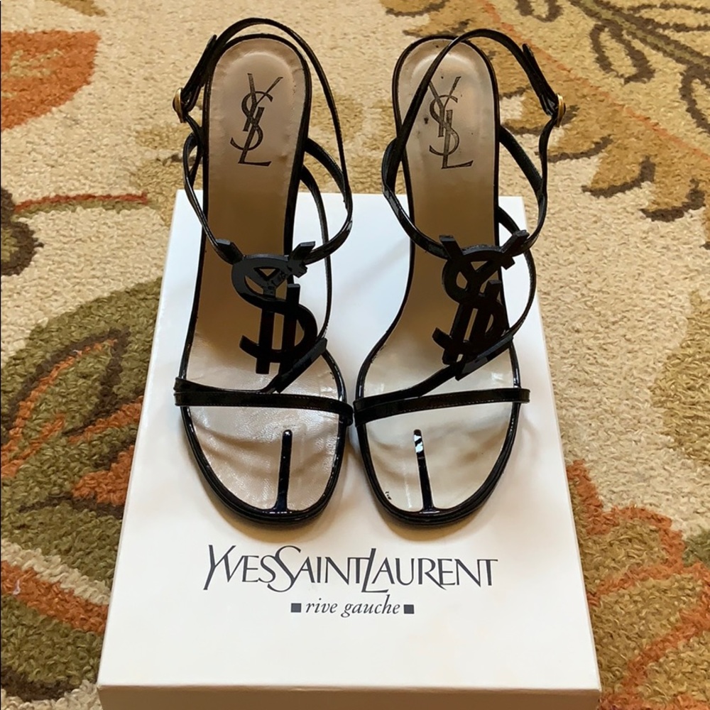 YSL black patent leather sandal with logo